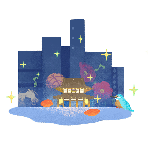 川崎市をイメージしたイラスト川崎大師を真ん中に夜景が広がる