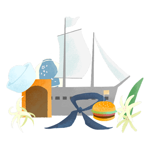船やスカジャン、バーガーが描かれた横須賀のイメージイラスト