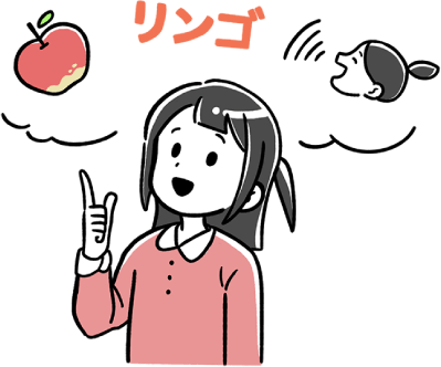 女の子の周りに「リンゴ（字）」、リンゴの絵、りんごと言っている人が描かれている