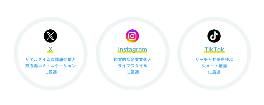 SNS媒体別の特徴（X・Instagram・TikTok）を示す図
