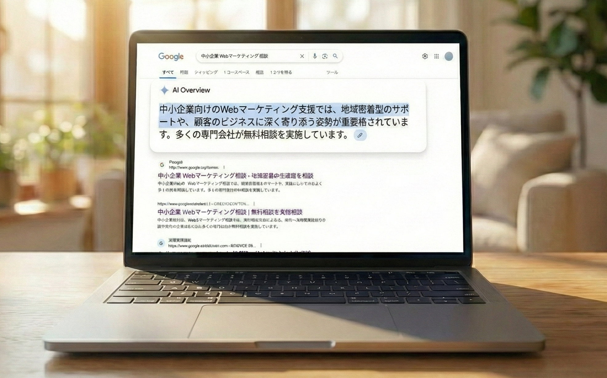 ノートPCの画面にGoogle検索結果のAI Overview(AIによる要約表示)が表示されているイメージ写真。