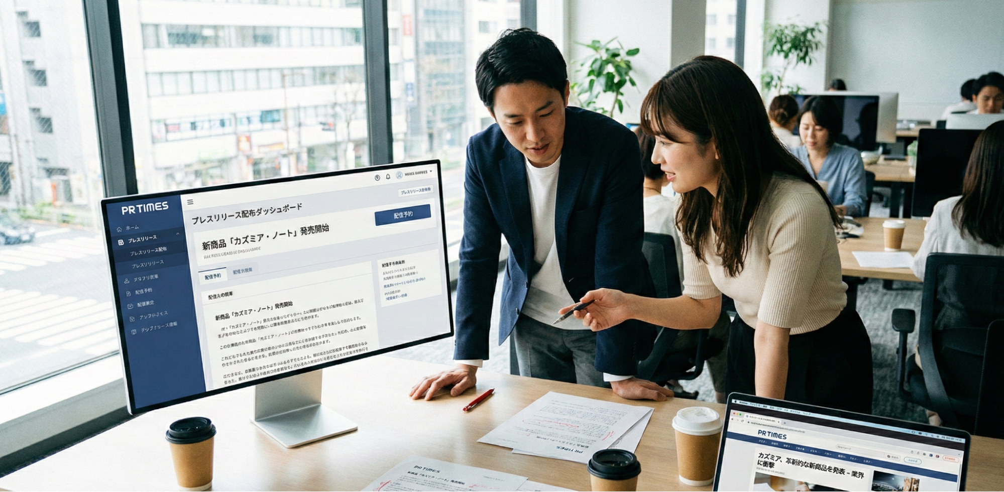 オフィスでプレスリリース配信画面(PR TIMES)を見ながら内容を確認するビジネスシーンの写真。